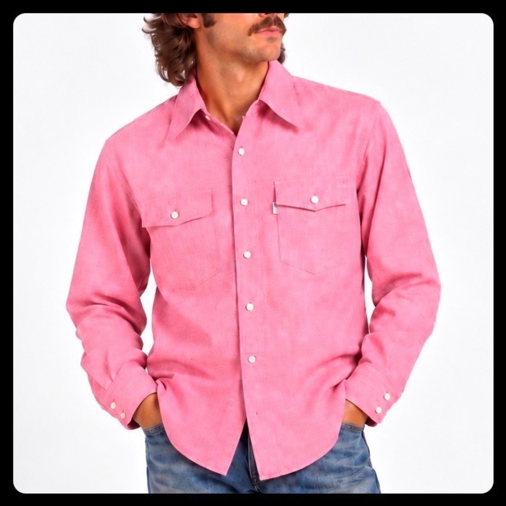 Levi's Vintage 70s Disco Shirt Men S / M  Pink Slub Cotton Blend White Tab Big E